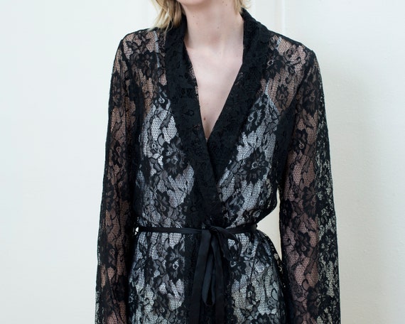 80s black lace robe | minimalist romantic sheer b… - image 2