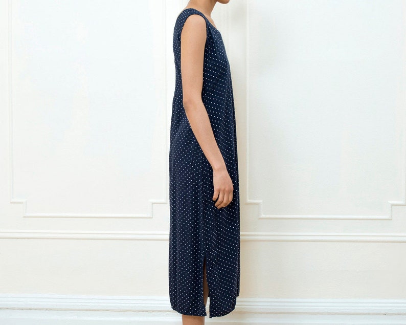 navy spot print dress navy polka dot midi dress medium 90s 1990s blue polka dot slip dress navy white spotted sundress
