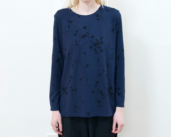 80s Navy Evening Blouse Floral Print 