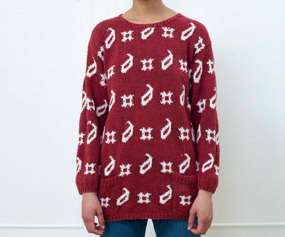 vintage red cotton knit sweater | 80s red paisley