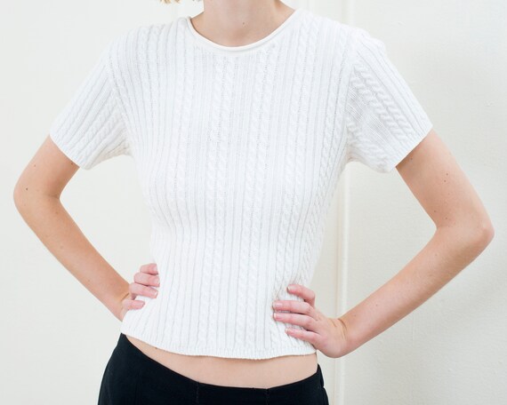 theblacknarcissus 90s White Cable Knit Short Sleeve Sweater | White Cotton Rib Knit Crewneck Pull Over Sweater