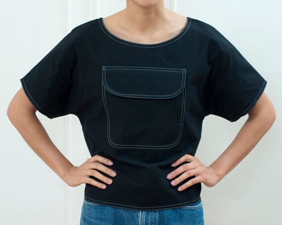 90s black cotton pocket blouse medium | patch pock