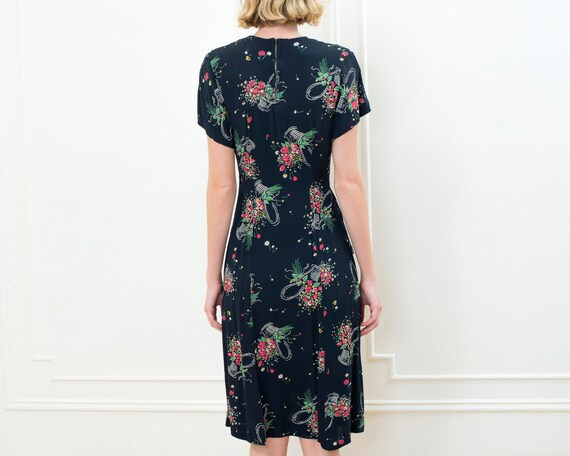 30s black floral midi dress small | flower print … - image 7
