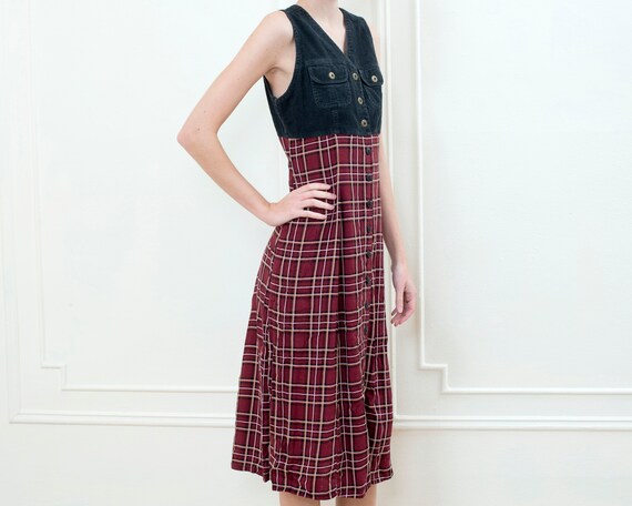 90s corduroy plaid grunge dress | black red maxi … - image 3