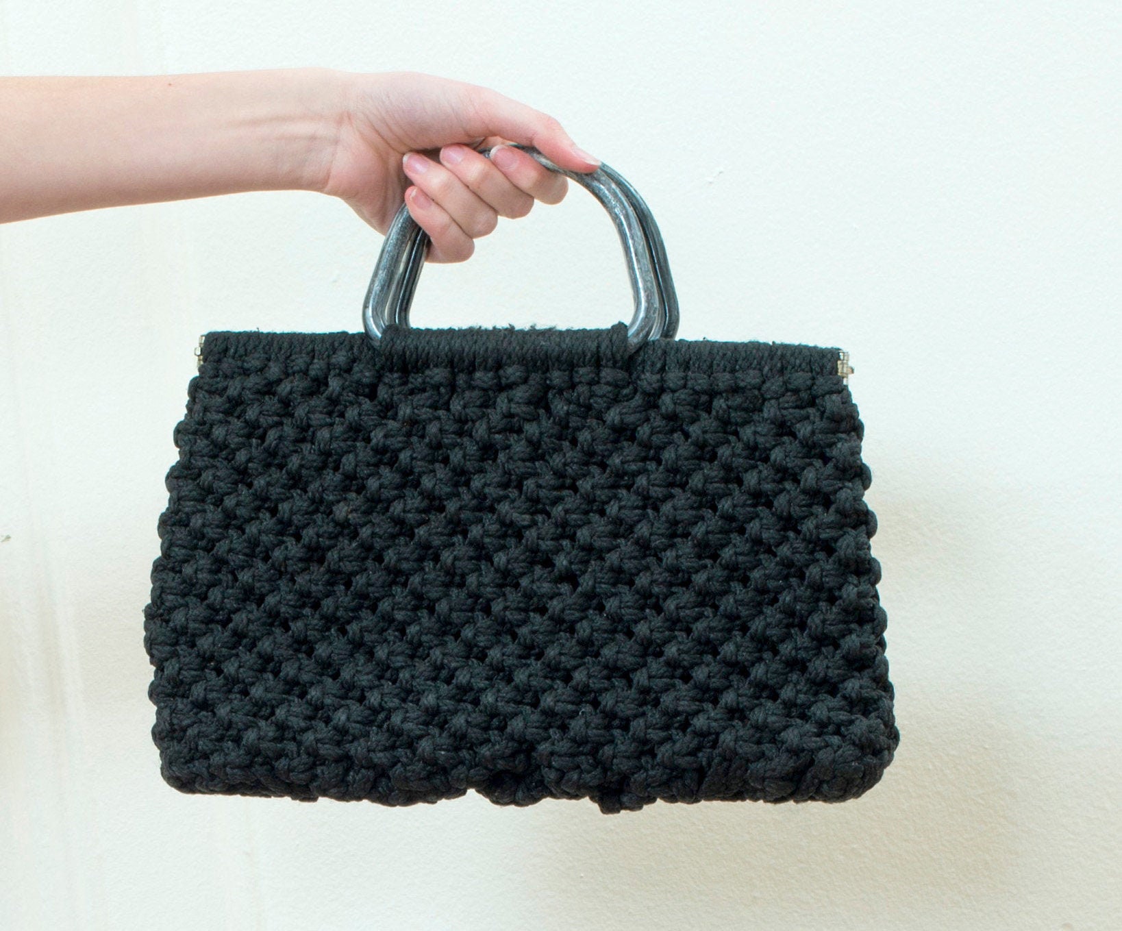 Black woven bag 70s black woven purse top handle woven bag | Etsy