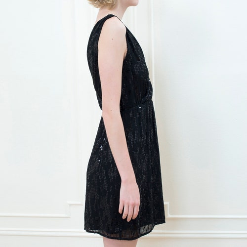 80s black sequin beaded mini dress small | plunging neck minimalist evening party cocktail dress | minimal drape front cabaret holiday shops dress