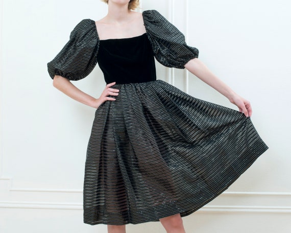 80s black party dress | striped metallic puff slee