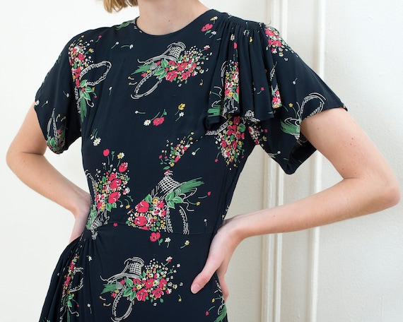 30s black floral midi dress small | flower print … - image 2