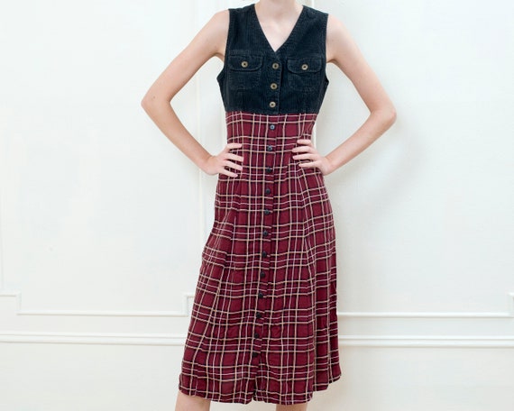 90s corduroy plaid grunge dress | black red maxi … - image 1