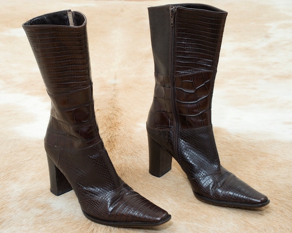 90s brown embossed leather boots 6 | high block he