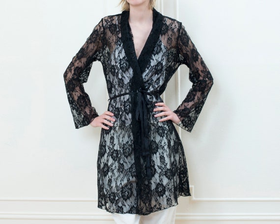 80s black lace robe | minimalist romantic sheer b… - image 1