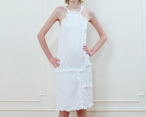 90s white dress | ruffle shift patchwork slip dre… - image 1