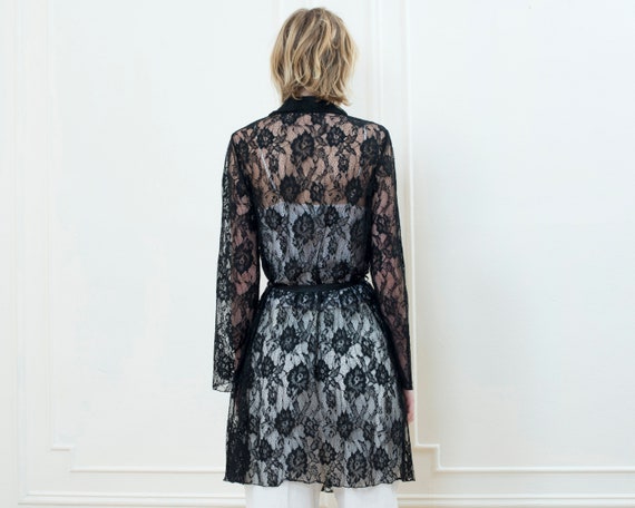 80s black lace robe | minimalist romantic sheer b… - image 6