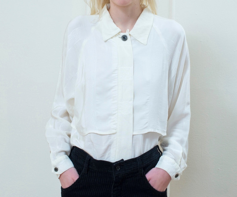 minimalist blouse cream silky collared shirt 80s white silk blouse medium ivory silky button down shirt minimal dramatic blouse