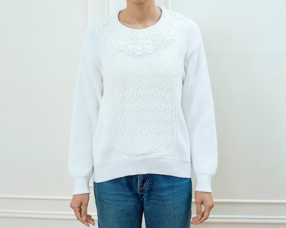 vintage white crochet sweater | ruffle crew neck … - image 1