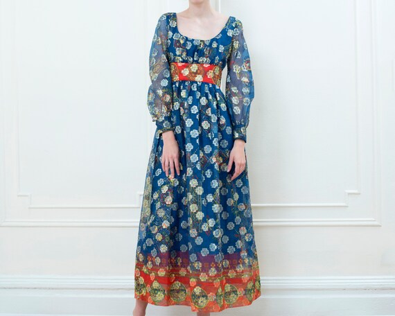80s victor costa dress | blue metallic print sheer