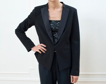 90s black shawl collar evening blazer | medium minimalist blazer | slim minimal satin formal tuxedo jacket