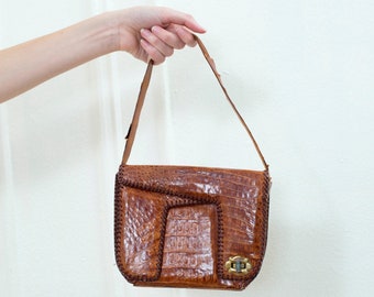60s brown leather purse | alligator embossed leather mini purse | minimal abstract handbag | modernist purse | mod tan southwestern purse
