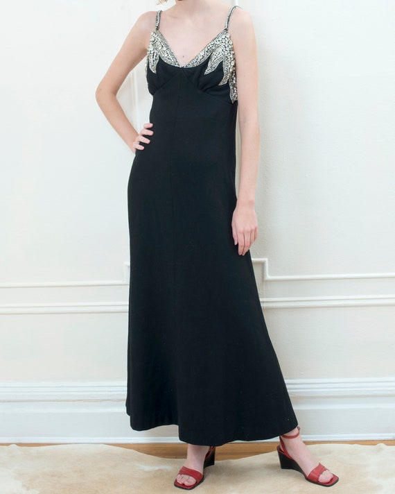 40s black crystal encrusted evening gown | wool r… - image 2