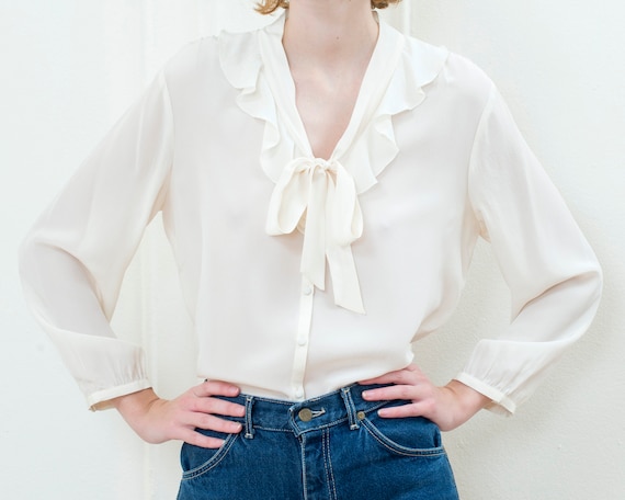 90s ivory silk ruffle collar blouse | off white si