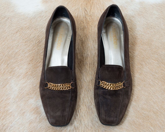 70s brown suede shoes 9.5 | block heel leather lo… - image 5