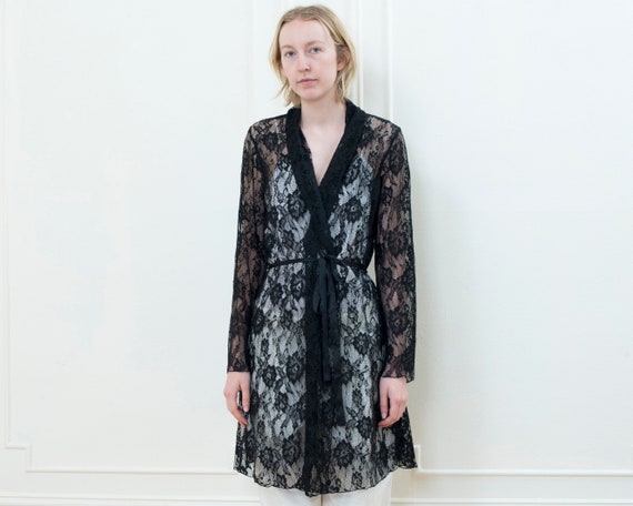 80s black lace robe | minimalist romantic sheer b… - image 3