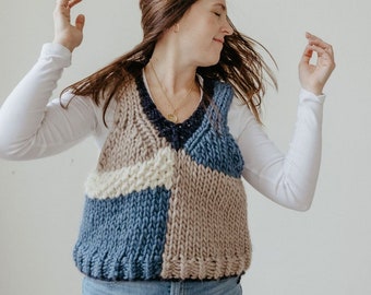 Handknit Sweater Vest Colourblock. Contrasting color pullover vest. Sustainable merino wool