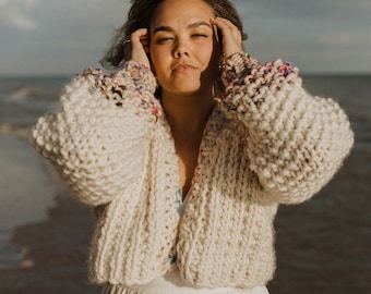 Chunky Handknit Cardigan/Ivory Wool Jumper Rainbow Sprinkle/ White Speckled Merino Wool Jacket/ Sprinkles Sweater/ Sustainable Knitwear