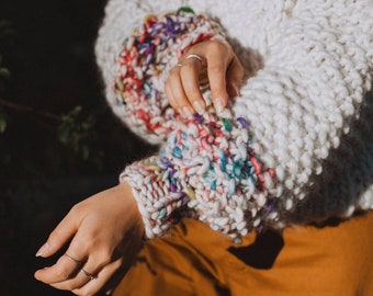 Womens Chunky Handknit Sweater / Rainbow Oversize Ivory Wool Jumper / Sprinkles Merino Wool Pullover/ Sweater/ Sustainable Knitwear/