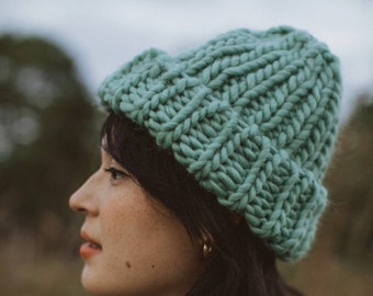 Handknit wool hat sage green. Softest white merino wool toque. Chunky warm winter beanie.