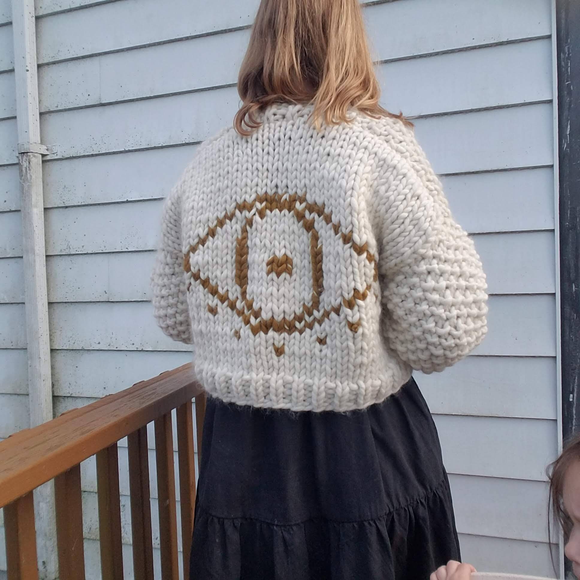 Handknit Ivory Unique Chunky Evil Eye Cardigan. Merino Wool 
