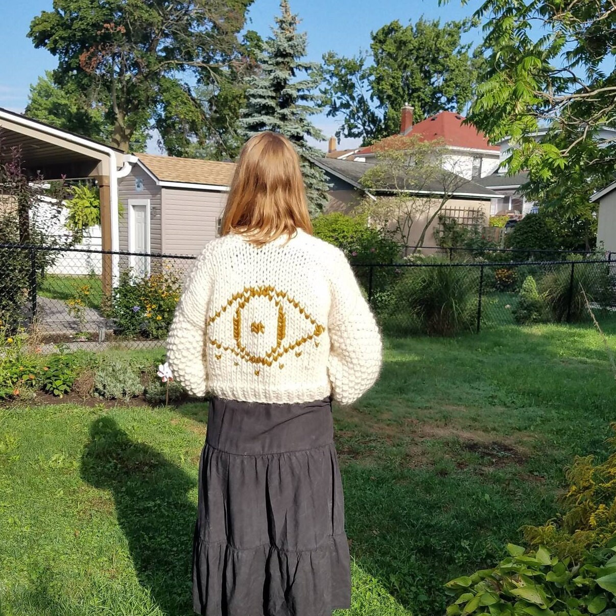 Handknit Ivory Unique Chunky Evil Eye Cardigan. Merino Wool