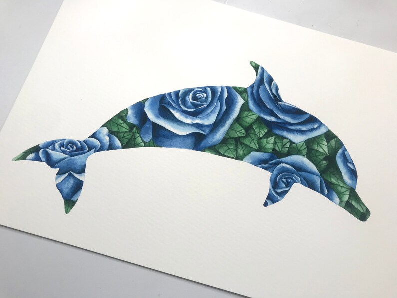 Dolphin Blue Rose Watercolour Painting Wall Art Print Sea | Etsy