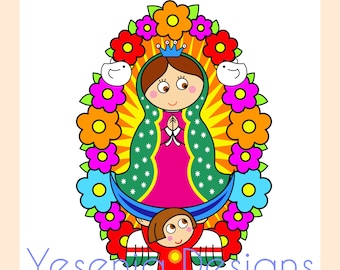 May include: A colorful illustration of the Virgin Mary, depicted in a blue and green robe with a crown, surrounded by a wreath of flowers and doves. The image is in a cartoon style and features a child holding the Virgin Mary's robe.