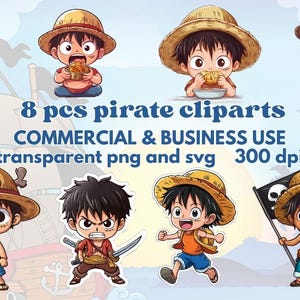 Lindo capitán pirata 8 PNG paquete clipart descarga instantánea para sublimación de pegatinas, 8 imágenes transparentes para dtf inspiradas en el anime One Piece