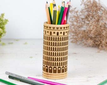 Wood Pen Holder Leaning Tower of Pisa, Wooden cup, Office storage, Desk accessories