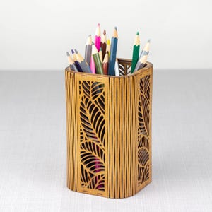Wooden Pensil Pot, Floral Makeup Brush Oak Holder