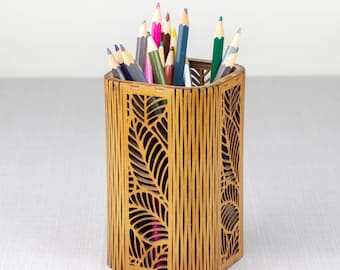 Wooden Pensil Pot, Floral Makeup Brush Oak Holder