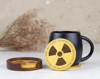 Wooden Coasters Set of 4 – Golden Engraved Radioactive Sign
