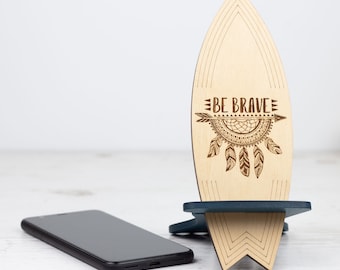 Wooden Surf Phone Stand | Cell Phone Holder with Engraving Surfboard