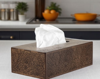 Wooden Tissue Box Cover with Ornament for Napkin Storage and Dispensing