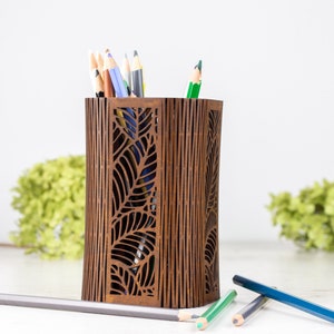 Custom Wood Pensil Pot, Floral Makeup Brush Holder