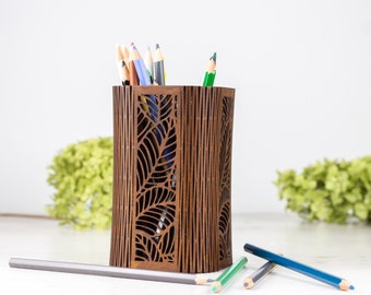 Custom Wood Pensil Pot, Floral Makeup Brush Holder