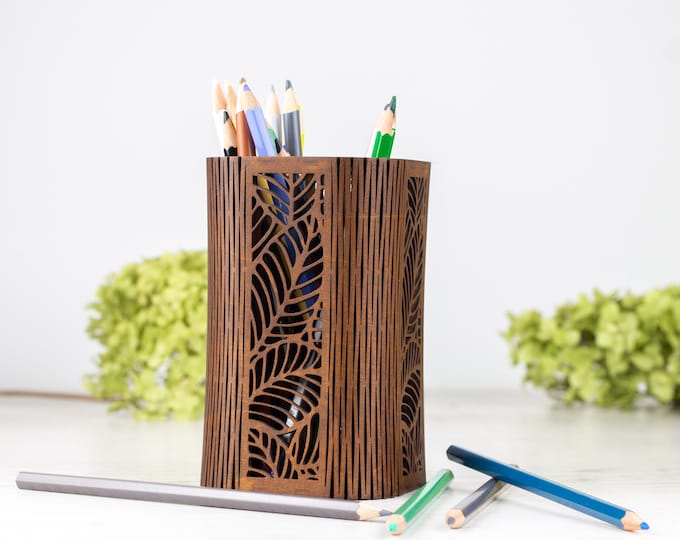 Custom Wood Pensil Pot, Floral Makeup Brush Holder