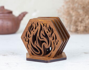 Wooden Coasters Set with Holder Campfire
