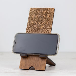 Wood Cell Phone Holder with Free Personalization | Desk Phone Stand with Mandala Engraving