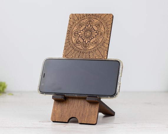 Engraved Mandala Wood Phone Holder: Personalized Desk Stand