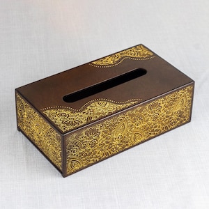 Wooden Tissue Box Cover with Golden Ornament