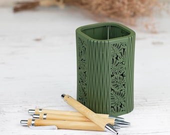 Sage Green Wooden Pen Holder – Monstera Leaf Design, Desk Organizer