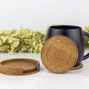 Set of 4 Wood Coasters with Holder | Mandala Engraved Round Drink Coasters